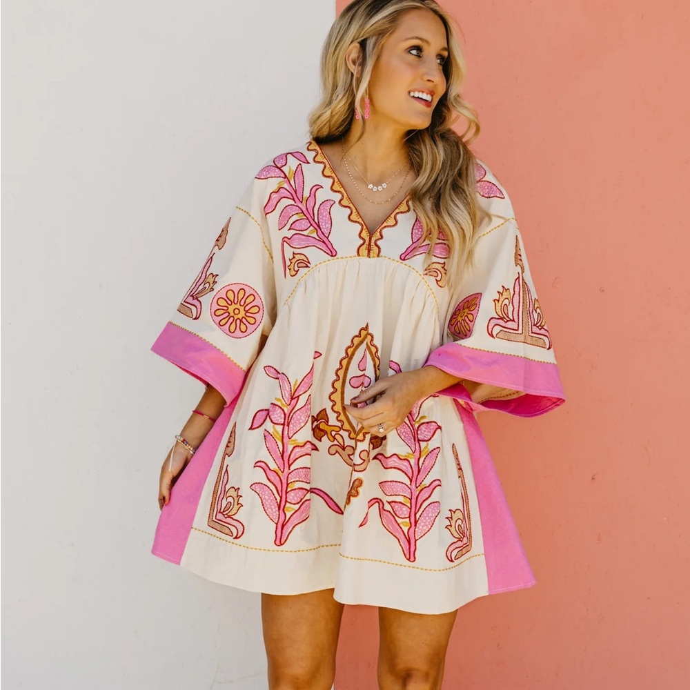Neon Pink Long Sleeve V Neck Floral boho bohemian Embroidered Dress - Picture 6 of 13